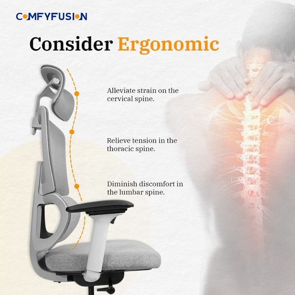 An educational ad creative illustrating how an ergonomic chair supports the cervical, thoracic, and lumbar spine to alleviate physical discomfort.