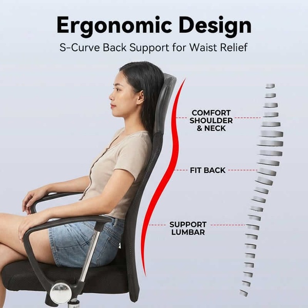 A high-clarity side profile of a user in an ergonomic chair, featuring a simplified spine diagram to illustrate back posture benefits.