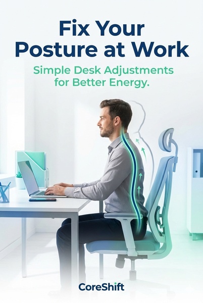 A clean, professional advertisement for an ergonomic office chair featuring a visual overlay to demonstrate proper spinal alignment.
