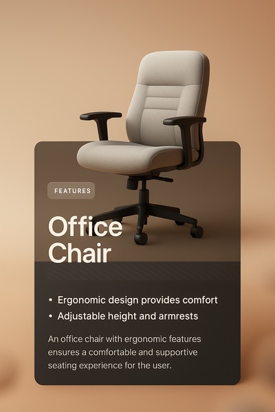 A clean, studio-lit ad creative highlighting key ergonomic benefits of an office chair against a soft, neutral background.