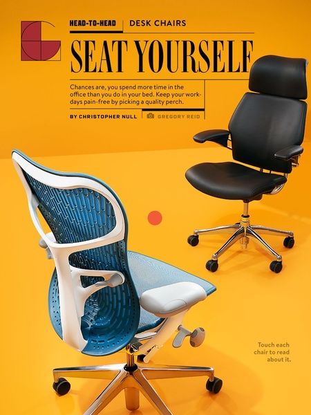 A split-view ad comparing two office chair designs against a high-contrast yellow background to emphasize aesthetic and comfort options.
