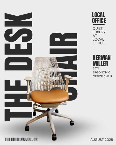 A high-end product showcase for an ergonomic office chair, featuring clean typography and a minimalist editorial aesthetic.