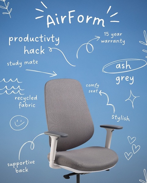 A clean, blue-background studio shot of an office chair featuring hand-drawn white sketches and text annotations that point to specific product features and benefits.