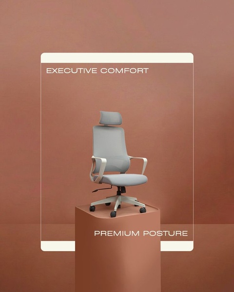 A high-quality 4:5 aspect ratio ad showing an office chair centered on a podium, using an elegant monochrome-earth palette and clean, structural framing.