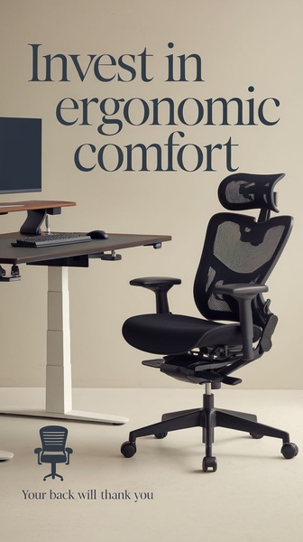 A clean, minimalist 9:16 ad creative featuring an ergonomic office chair and standing desk set against a neutral, sophisticated backdrop.