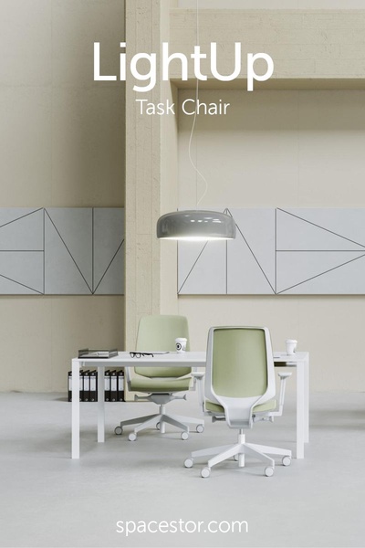 A high-end, minimalist advertisement for a task chair, featuring soft, neutral tones and clean, modern office styling.