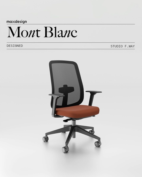 A high-end studio product shot of the Mont Blanc office chair, featuring a black mesh back and earthy orange seat on a clean, light-grey background.