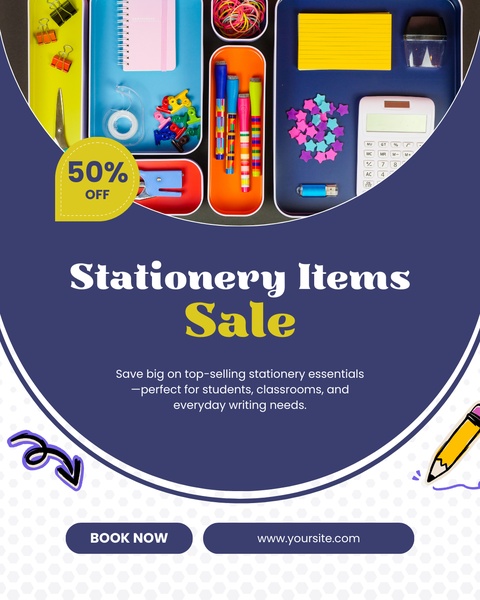 This ad features a flat-lay photography style showcasing a vibrant assortment of school and office supplies organized by color in trays, highlighted by a prominent 50% off discount badge.