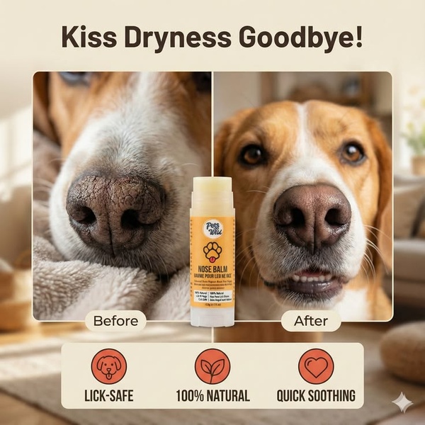 A clear, square-formatted ad creative using a split-screen before and after comparison to highlight the immediate results of a natural nose balm for dogs.