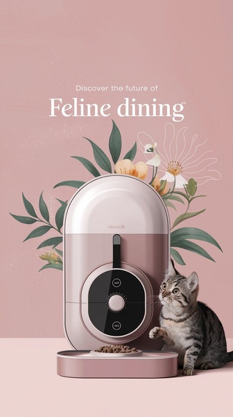 A high-end, minimalist automated pet feeder is showcased against a soft pastel background with botanical accents to evoke a premium lifestyle feel.