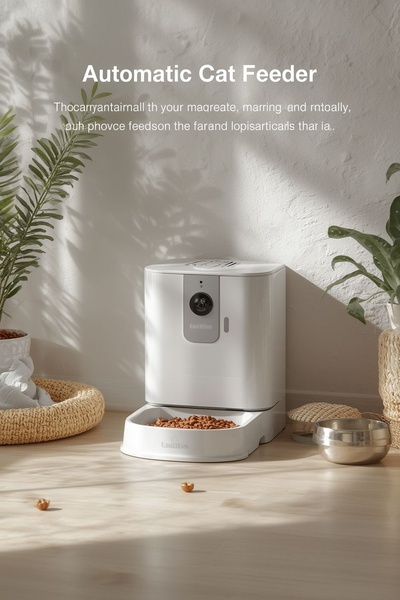 A high-quality, bright, and airy photograph featuring an automatic cat feeder placed in a modern, sunlit home environment with natural greenery.