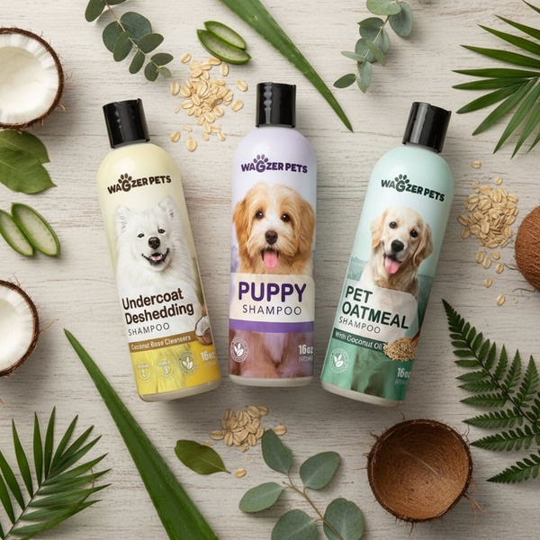 This ad creative features three bottles of pet shampoo arranged in a flat lay with natural ingredients like coconut and aloe vera on a wooden surface.