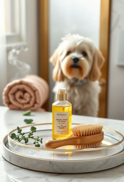 A clean, high-end product photography shot featuring organic pet shampoo, a wooden brush, and a soft-focus pet in the background to convey a premium grooming experience.
