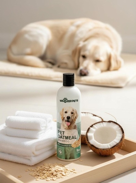A high-trust Pet Oatmeal Shampoo creative featuring raw ingredients like coconut and oats, paired with a calm, relaxing dog in the background to build brand credibility.