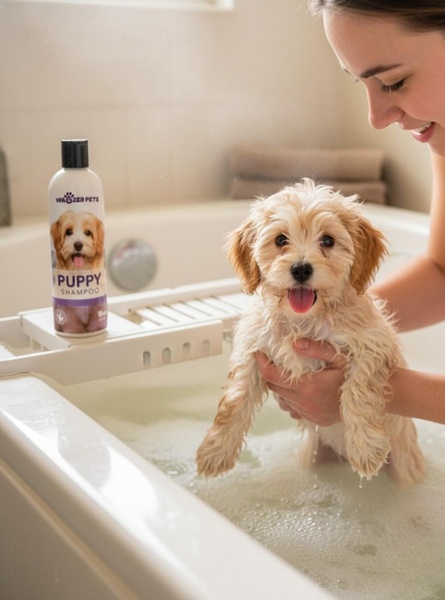 A close-up shot capturing a genuine moment of care between a puppy and its owner during bath time, featuring the product prominently in the frame.