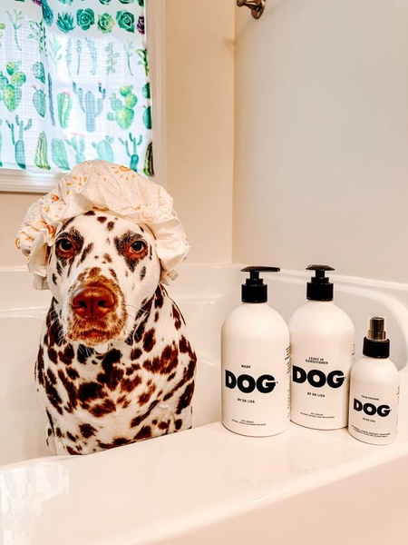 A high-contrast 3:4 studio shot featuring a Dalmatian wearing a shower cap next to a set of pet grooming bottles, establishing a playful yet premium brand identity.