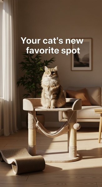 A high-quality lifestyle shot of a cat sitting on a plush cat tree, using soft natural lighting to create a cozy home atmosphere.