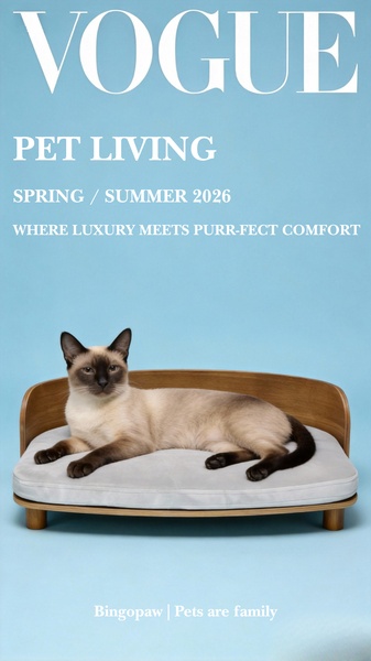 A creative featuring a Siamese cat resting on a minimalist wooden pet bed, presented as a high-end luxury lifestyle magazine cover.