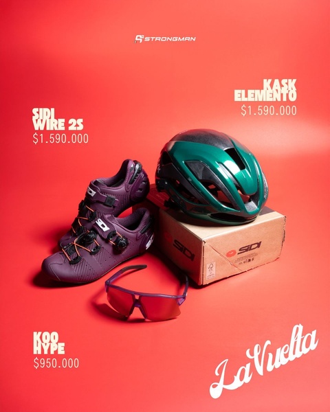 A high-contrast studio shot of professional cycling shoes, a helmet, and eyewear against a bold red background, emphasizing product details and pricing.