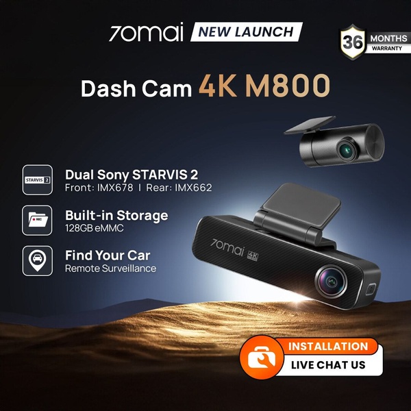 A high-performance feature showcase ad for a 4K dash cam, highlighting technical specifications like dual Sony Starvis 2 sensors and built-in storage.
