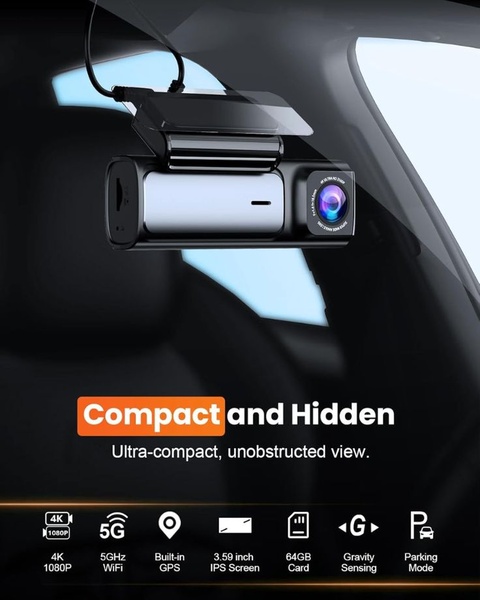 This ad creative uses a clean, high-contrast hero shot of a dash cam positioned in a vehicle, highlighting its compact design and technical specifications.