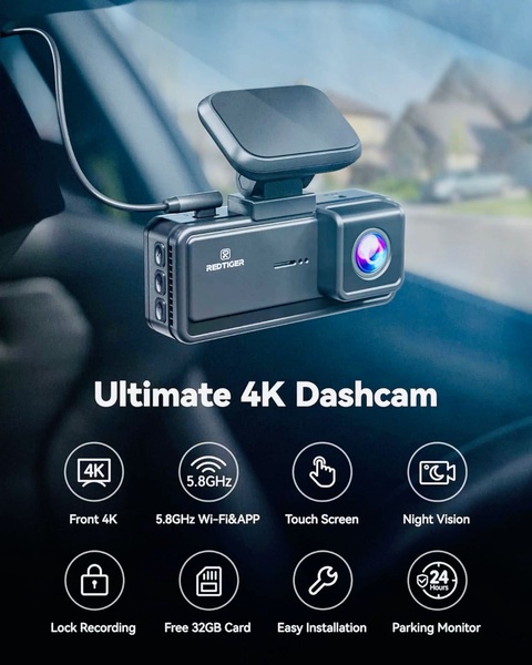 A high-clarity 4K dashcam visual that uses a clean icon-and-text grid to highlight eight key product benefits.