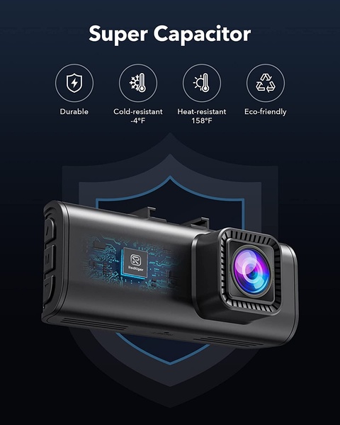 A technical infographic highlighting the durability and environmental resistance of a dash cam featuring a super capacitor.