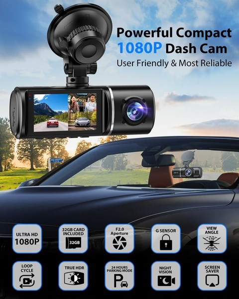 This ad creative displays a dash cam unit alongside a clean grid of its top features, including loop cycle, G-sensor, and night vision capabilities.