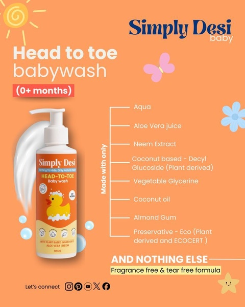 This educational ad creative uses a clear list format to highlight natural ingredients in a baby wash, emphasizing a safe, fragrance-free formula.