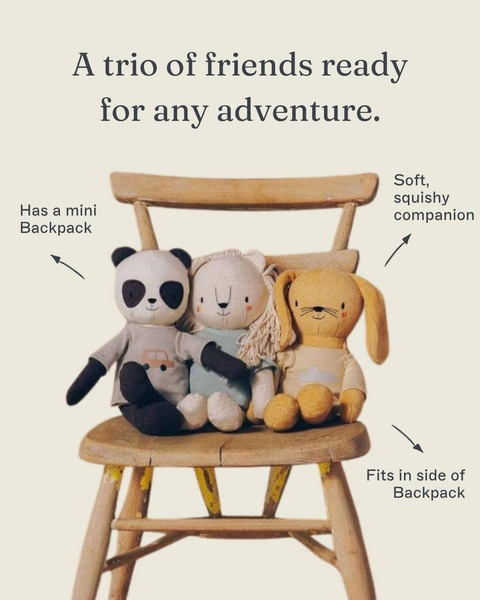 A minimalist, high-contrast creative showing three distinct plush toys on a wooden chair, labeled with their core play benefits.