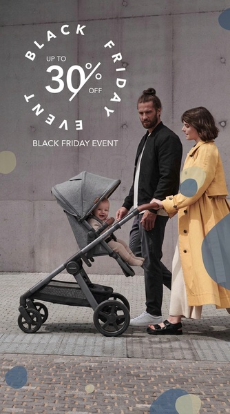 A vertical lifestyle shot featuring a happy baby in a stroller being pushed by parents, overlaid with a clean Black Friday offer.