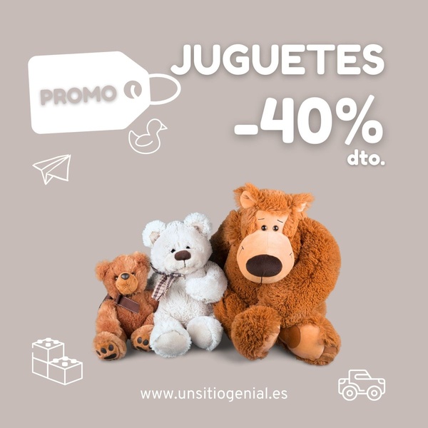 A clean, 1:1 format ad creative featuring a group of three plush stuffed animals, a clear -40% discount offer, and playful vector-style iconography.