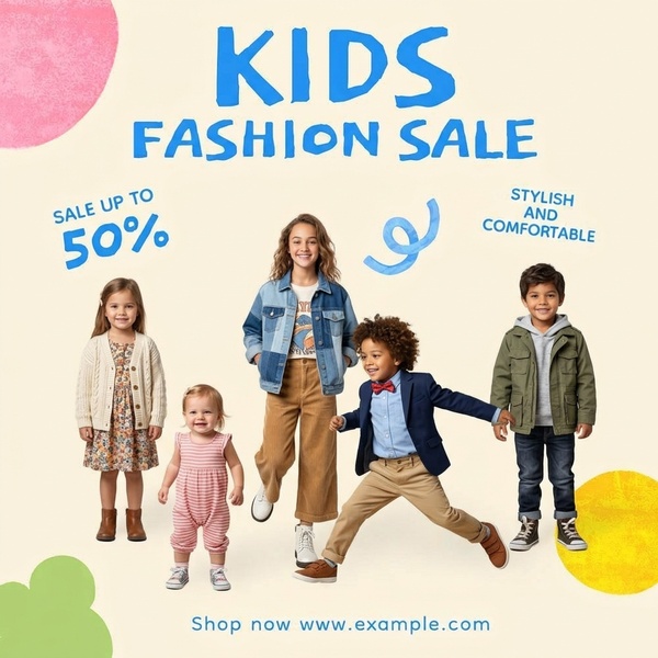 kids fashion sale, children clothing sale, kids apparel discount, children fashion event, kids clothing promotion, sale promotion, minimalist, playful, energetic, blue, neutral, pink