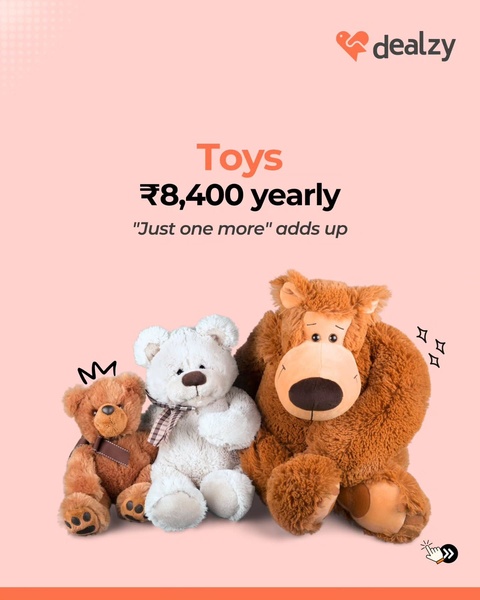 This ad creative highlights the cumulative annual cost of small, impulsive toy purchases using simple text and product photography.