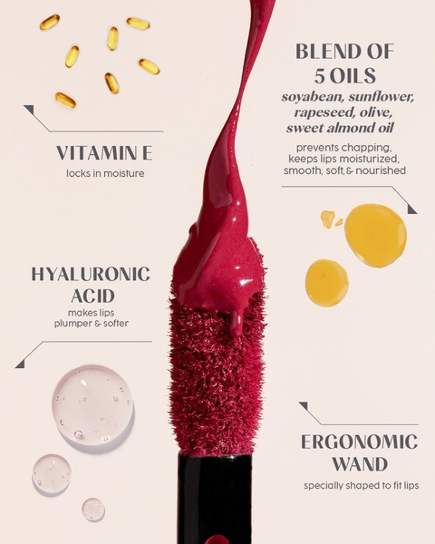 A high-contrast visual breakdown showcasing the key ingredients and ergonomic design features of a lip gloss applicator.