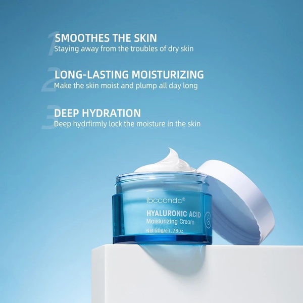 moisturizing cream, face cream, hydrating cream, skincare cream, facial moisturizer, hyaluronic acid cream, anti-aging cream, product launch, minimalist, fresh, calm, blue