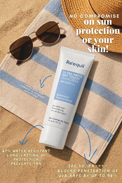 sunscreen, sun protection, spf cream, facial sunscreen, uv protection, product launch, flat lay, fresh, trustworthy, blue, neutral