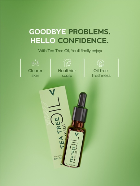 A clean, minimalist product-led ad creative for Tea Tree Oil that uses a soft green gradient background and clear benefit icons to communicate value.