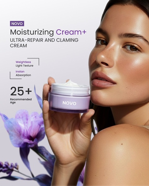 moisturizing cream, face cream, anti-aging cream, skincare cream, facial moisturizer, repair cream, beauty cream, product launch, brand awareness, editorial, luxurious, calm, purple, neutral