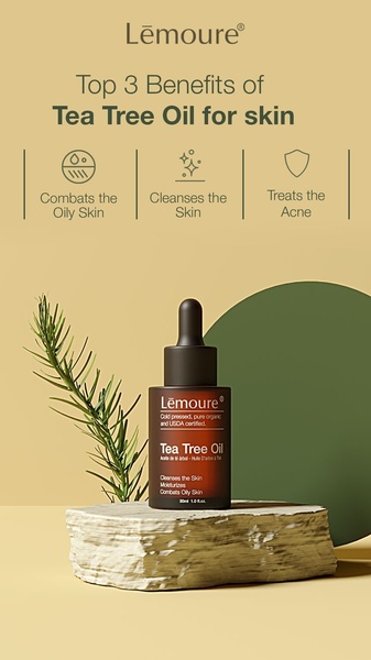 tea tree oil, facial oil, skin oil, essential oil, acne treatment, skincare serum, product launch, brand awareness, minimalist, calm, trustworthy, neutral, green
