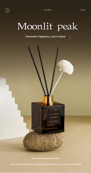 reed diffuser, home fragrance, room scent, aromatherapy diffuser, scent sticks, fragrance oil diffuser, home aromatherapy, product launch, minimalist, luxurious, warm, brown, gold