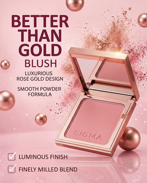 blush, face powder, cheek color, makeup compact, cosmetic powder, face makeup, beauty compact, product launch, brand awareness, minimalist, luxurious, warm, pink, gold