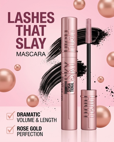 mascara, eyelash makeup, eye makeup, lash enhancer, volumizing mascara, lengthening mascara, product launch, brand awareness, minimalist, luxurious, playful, pink, gold