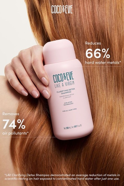A close-up product shot featuring a Clarifying Detox Shampoo bottle held by a hand, highlighted by specific performance statistics text overlays.