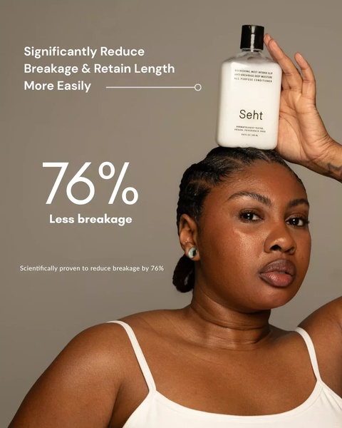A minimalist product-focused ad featuring a clean studio shot of a hair conditioner bottle with bold typography highlighting a specific anti-breakage statistic.