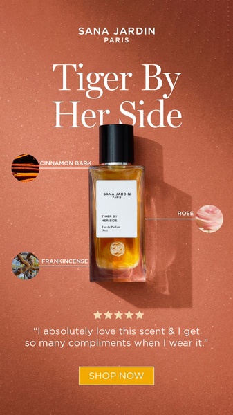 perfume, fragrance, eau de parfum, scent, cologne, brand awareness, social proof, minimalist, luxurious, warm, orange, brown