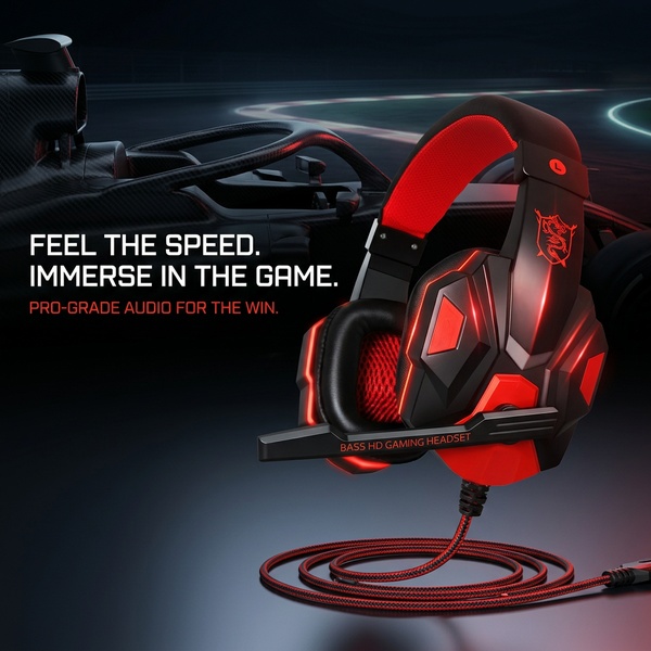 A high-performance gaming headset is positioned against a blurry racetrack background to emphasize speed and professional audio quality.