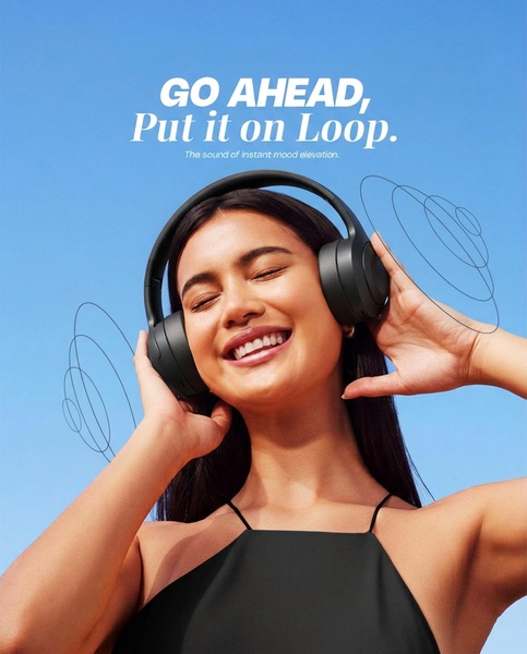 This creative showcases a smiling person wearing headphones against a clean blue sky, using subtle motion lines to visualize high-quality sound.