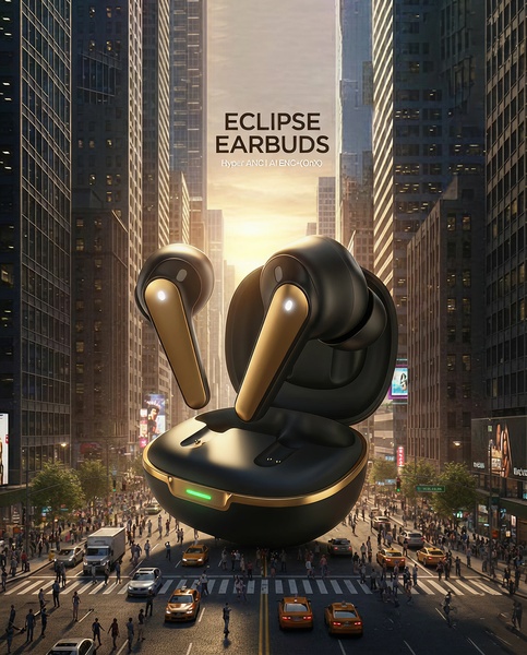 This creative showcases the Eclipse Earbuds in a surreal, giant scale against a bustling city street to create a high-contrast hero shot.