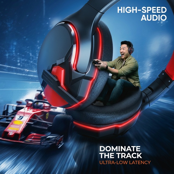 A dynamic 1:1 image featuring a gamer wearing a glowing red headset inside a Formula 1 racing car, highlighting high-speed audio capabilities.